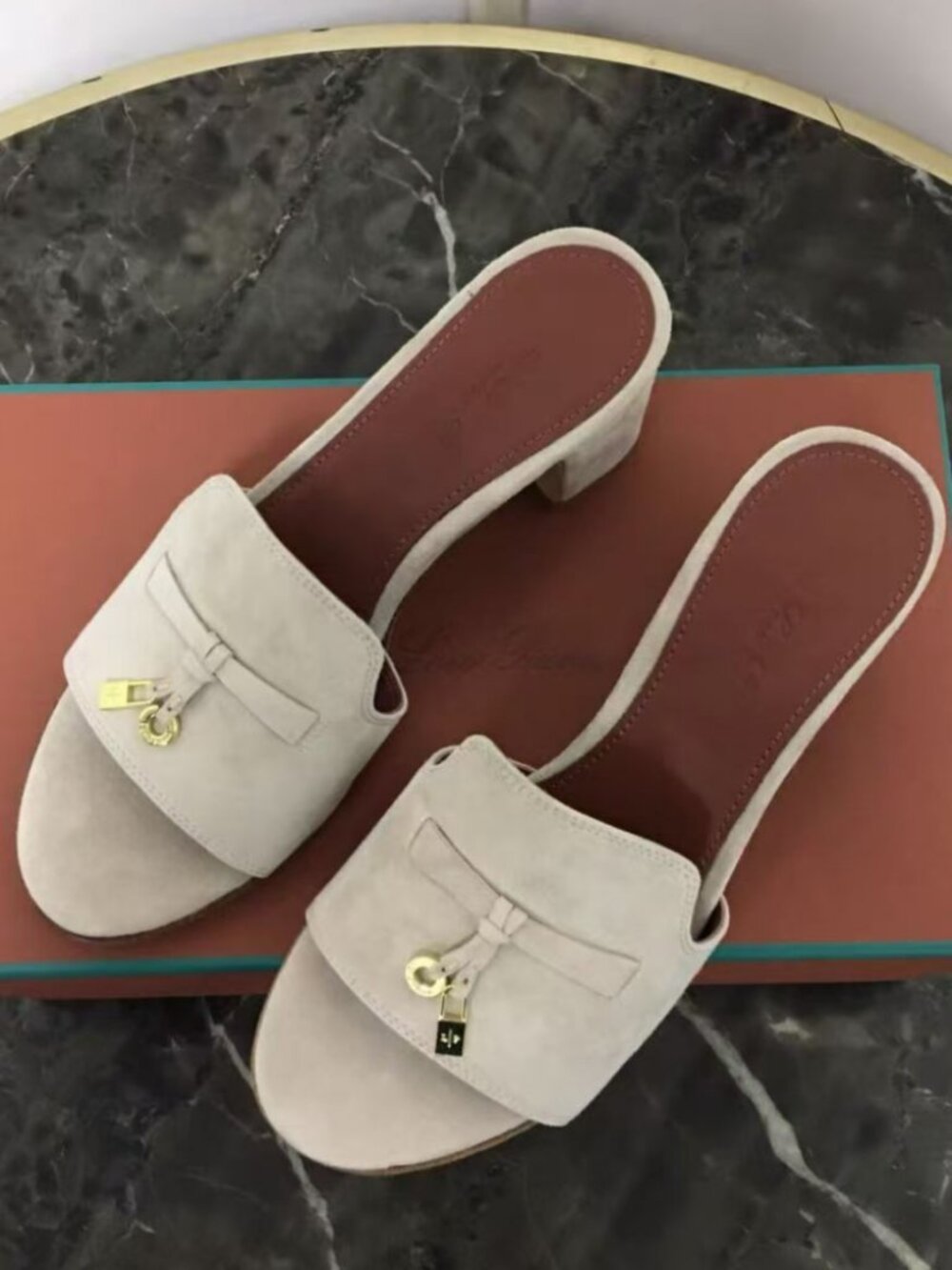 Loro Piana Light Taupe Suede Bow Lock Charm Block Heel Slide Mules